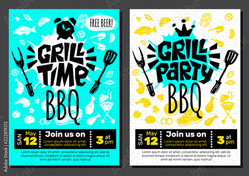 Grill Party Time BBQ food poster. Grilled food, meat fish vegetables grill appliance fork knife chicken shrimps lemon spice.