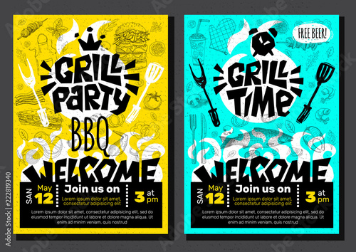 Grill Party Time BBQ food poster. Grilled food, meat fish vegetables grill appliance fork knife chicken shrimps lemon spice.