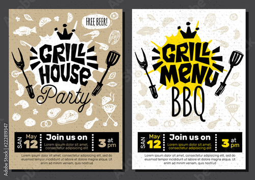 Grill Time Party BBQ food poster. Grilled food, meat fish vegetables grill appliance fork knife chicken shrimps lemon spice.