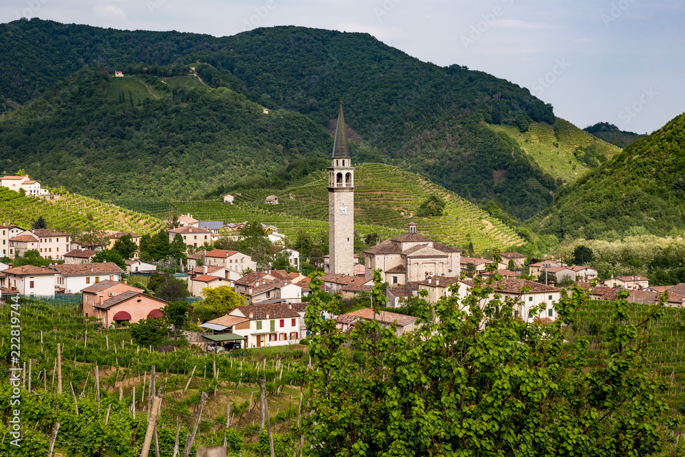 Valdobbiadene region of Prosecco sparkling wine, vineyards planted with steep slopes of hills. Italy