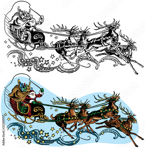 Santa Claus flying in his magic sleigh pulled by his reindeer on Christmas Eve.