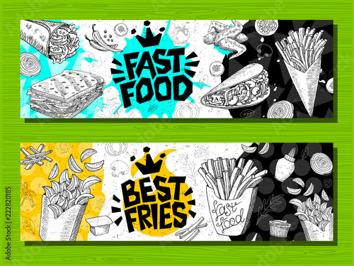 Fast food colorful modern banners set labels. Fast food. French fries. donuts. Hot dog, hamburger, coffee, wings, nuggets, tacos.