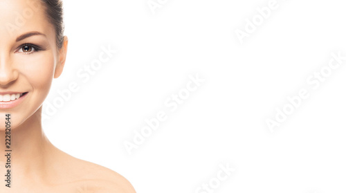 Human face isolated on white background. Spa portrait of beautiful, fresh and healthy woman.
