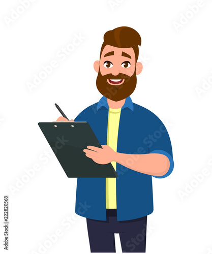 Man holding a clipboard and writing with pen. Vector illustration in cartoon style.