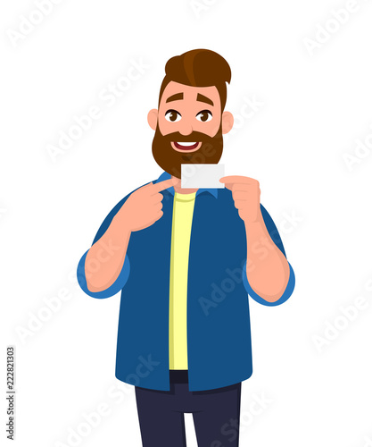Man showing blank business card and pointing to that. Vector illustration in cartoon style.