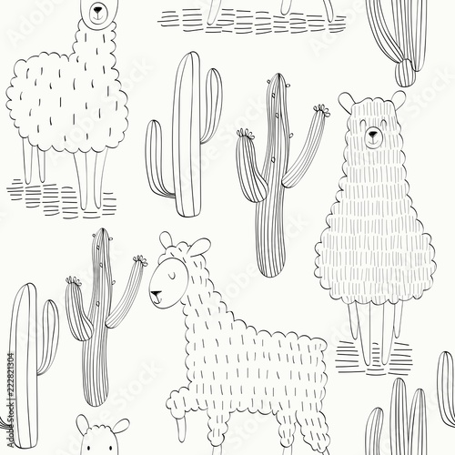 hand drawn vector seamless pattern with llamas