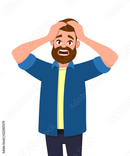 Unhappy young man squeezing head with hands. Emotions and body language concept. Stress, tension and migraine concept in vector illustration style.