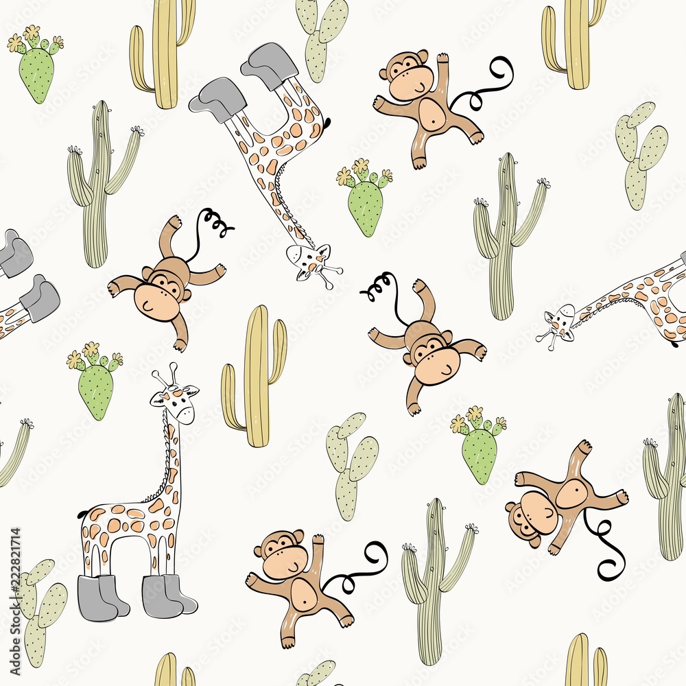 Obraz Wektorowa ręka rysujący bezszwowy wzór z kaktusami i zwierzętami