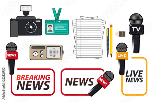 Vector illustration of journalist supplies. Dictophone, id, camera and microphones.