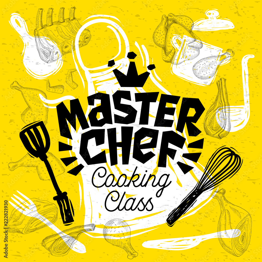 Sketch style master chef cooking class lettering. sign, logo, emblem ...