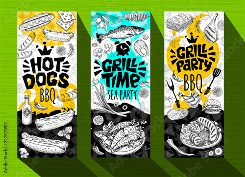 Barbecue banner posters grilled food, sausages, chicken, french fries, steaks, fish, grill BBQ party. Set trendy sketch style cards typography chalkboard. Hand drawn vector illustration.