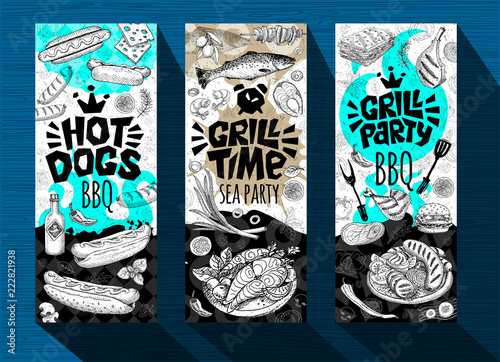 Barbecue banner posters grilled food, sausages, chicken, french fries, steaks, fish, grill BBQ party. Set trendy sketch style cards typography chalkboard. Hand drawn vector illustration.