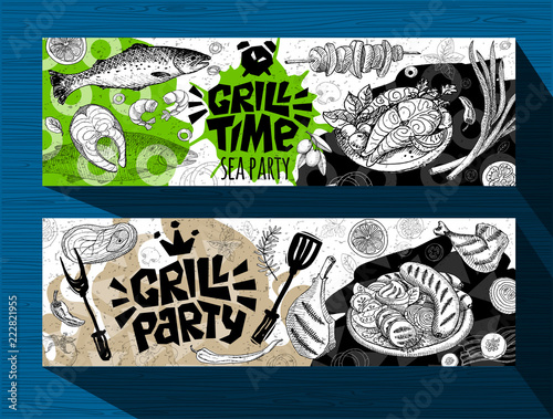 Barbecue banner posters grilled food, sausages, chicken, french fries, steaks, fish, grill BBQ party. Set trendy sketch style cards typography chalkboard. Hand drawn vector illustration.