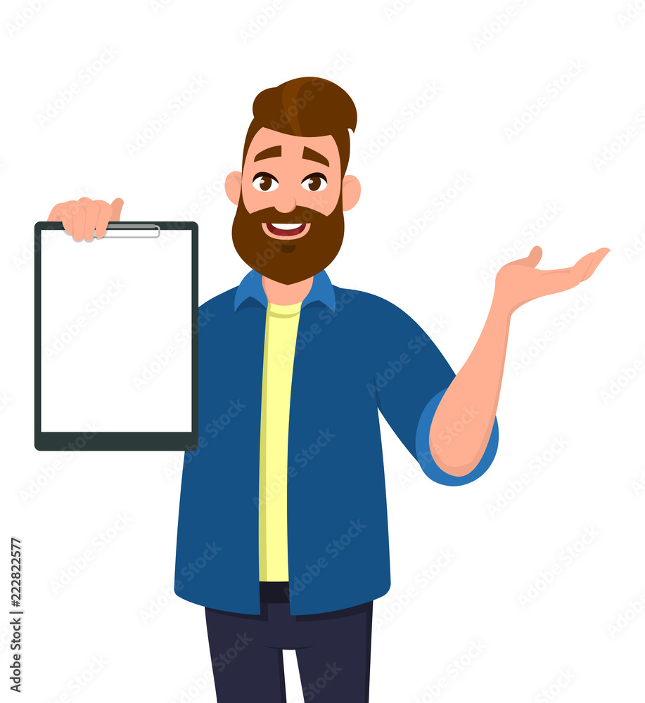 Man holding/showing a blank clipboard and gesturing hand. Vector illustration in cartoon style.