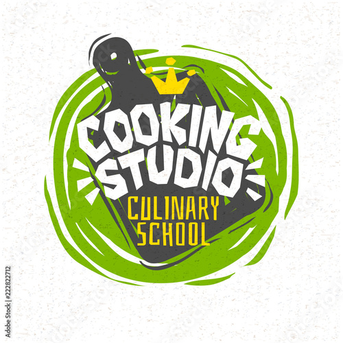 Cooking school culinary classes logo utensils apron, fork, knife, master chef. Lettering, calligraphy logo, sketch style, welcome. Hand drawn vector illustration.