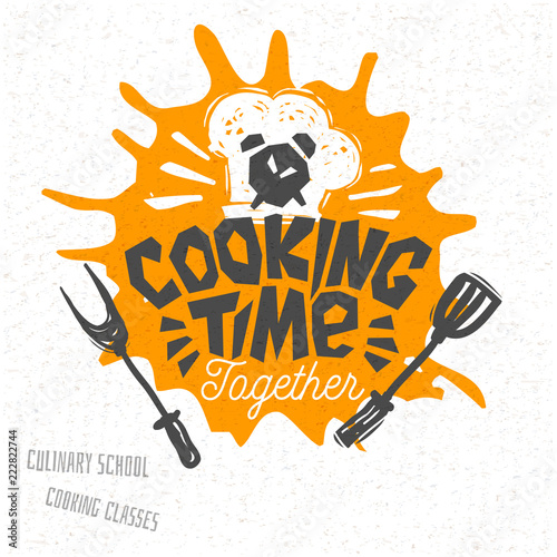Cooking school culinary classes logo utensils apron, fork, knife, master chef. Lettering, calligraphy logo, sketch style, welcome. Hand drawn vector illustration.