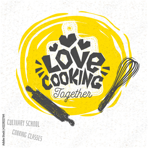 Cooking school culinary classes logo utensils apron, fork, knife, master chef. Lettering, calligraphy logo, sketch style, welcome. Hand drawn vector illustration.