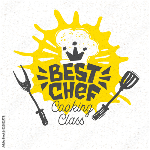 Cooking school culinary classes logo utensils apron, fork, knife, master chef. Lettering, calligraphy logo, sketch style, welcome. Hand drawn vector illustration.