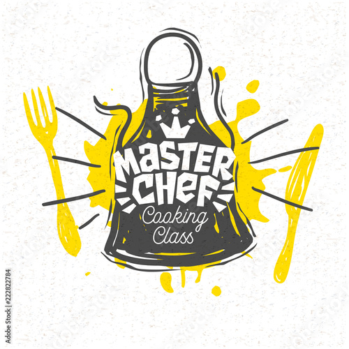 Cooking school culinary classes logo utensils apron, fork, knife, master chef. Lettering, calligraphy logo, sketch style, welcome. Hand drawn vector illustration.