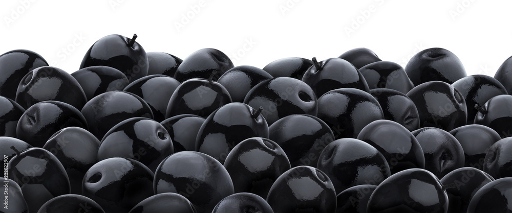 Obraz premium Heap of black olives isolated on white background. Seamless pattern.