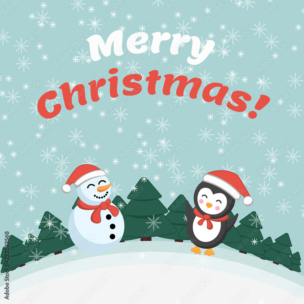 Snowman and penguin. Holiday card. Merry Christmas! Winter landscape.