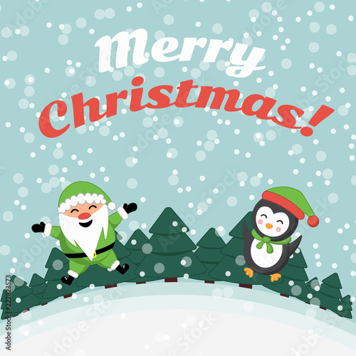 Santa Claus and  penguin. Holiday card. Merry Christmas! Winter landscape.