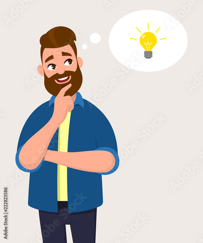 Man thinking for bulb icon or symbol with smile.Idea, innovation or initiation concept in thought bubble. Vector illustration in cartoon style.
