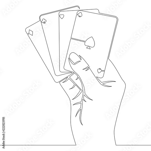 Continuous line Hand holding four aces cards