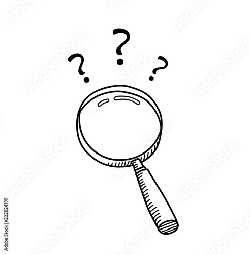 Hand drawn magnifying glass doodle cartoon with question marks