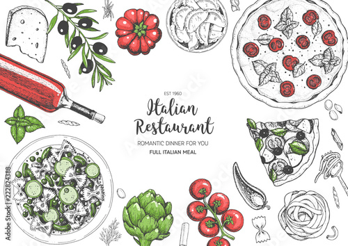 Italian cuisine top view frame. A set of Italian dishes with pasta and pizza. Food menu design template. Vintage hand drawn sketch vector illustration. Engraved image