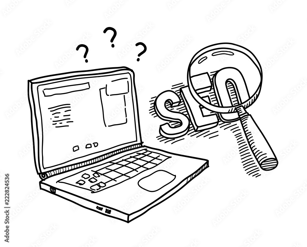 Search Engine Optimization website concept with laptop and magnifying glass  doodle cartoon drawing Stock Vector | Adobe Stock