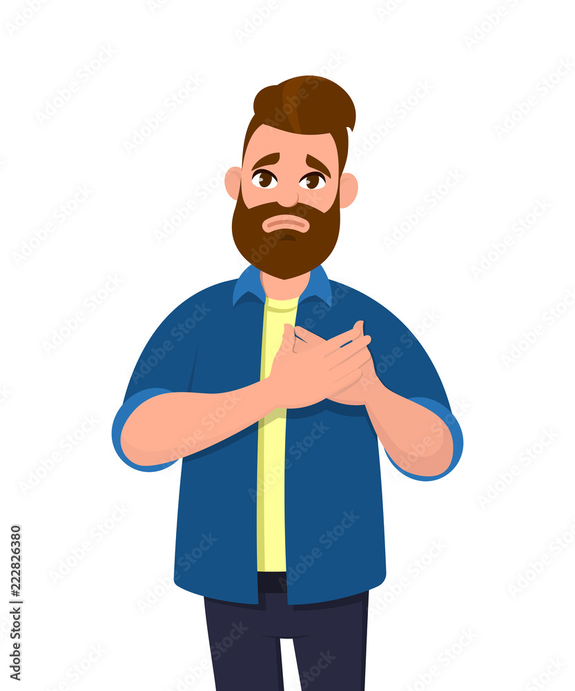 Young man keeping hands on chest. Man suffering from chest pain or heart  attack. Health care concept. Emotion and body language concept in cartoon  style vector illustration. Stock Vector | Adobe Stock