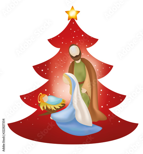 Isolated christmas tree nativity scene with holy family on red background