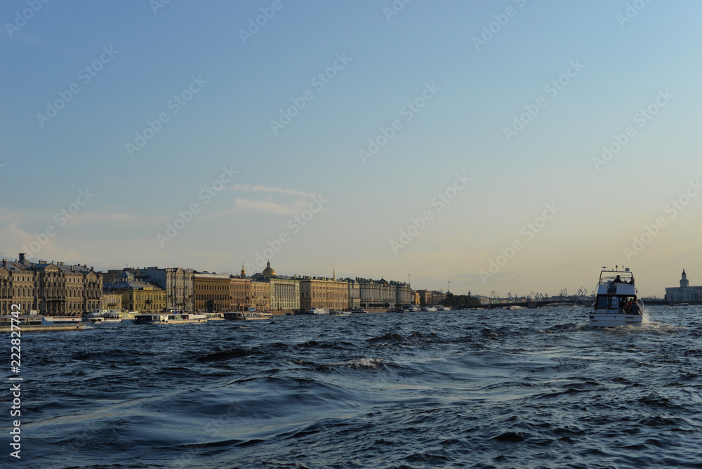 Boat and waves on the Neva River, Russia, St. Petersburg. Boat and waves on the Neva River, Russia, St. Petersburg.