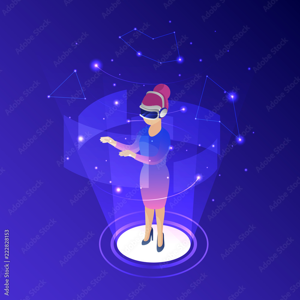 Woman wearing virtual reality glasses isometric vector illustration. Lady working with virtual reality interface. Technology, cyberspace and innovation concept. Infographic with purple background.