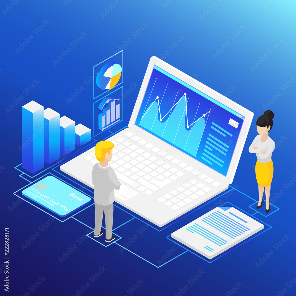 Isometric financial analysis. Employee reporting to boss. Computer, charts, paper, credit card. Finance management concept. Infographic isometric vector illustration on bright blue background Isometric financial analysis. Employee reporting to boss. Computer, charts, paper, credit card. Finance management concept. Infographic isometric vector illustration on bright blue background