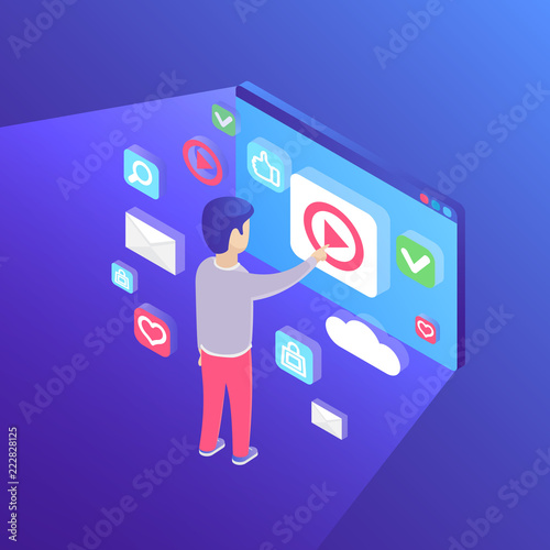 Man touching big screen isometric vector illustration. Virtual interface. Technology, cyberspace and innovation concept. Infographic with purple background.