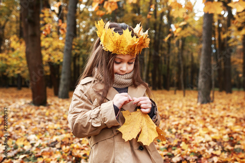 Little girl playing with autumn leaves in the park
