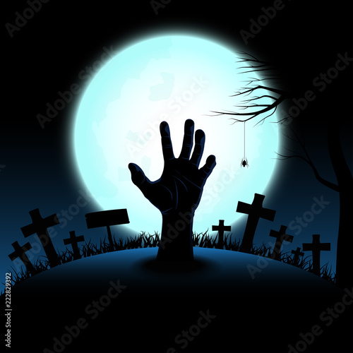 Halloween concept with zombie hand rising out from the ground in full moon night background, Vector illustration