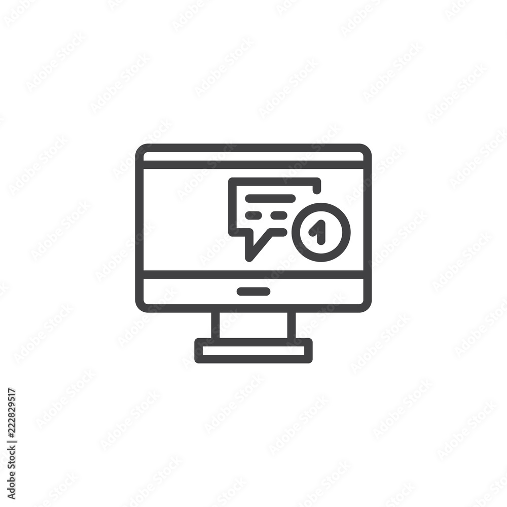 Computer monitor with new message notification outline icon. linear style sign for mobile concept and web design. simple line vector icon. Symbol, logo illustration. Pixel perfect vector graphics Computer monitor with new message notification outline icon. linear style sign for mobile concept and web design. simple line vector icon. Symbol, logo illustration. Pixel perfect vector graphics