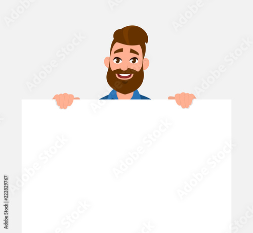 Happy young man holding/showing/displaying white blank board/banner/poster. Concept illustration in vector cartoon style.