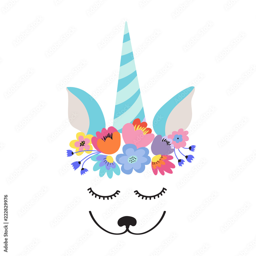Obraz premium The face of a cute unicorn, a wreath of flowers on his head. Eyes closed and smiling. Vector illustration.