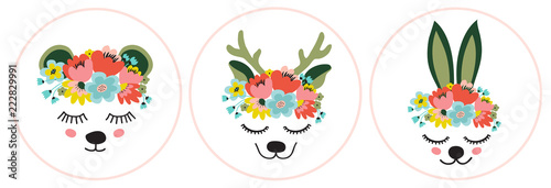 The set face of a cute bear, deep, rabbit a wreath of flowers on his head. Eyes closed and smiling. Vector illustration on a white background.