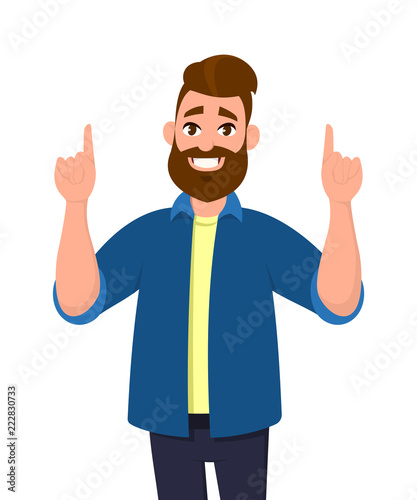 Young Man pointing up fingers while standing and smiling. Man pointing copy space. Emotion and body language concept in cartoon style vector illustration.