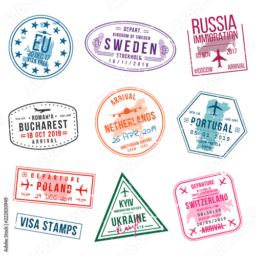 Set of visa stamps for passports. International and immigration office stamps. Arrival and departure visa stamps to Europe - Portugal, Poland, Russia, Netherlands etc.