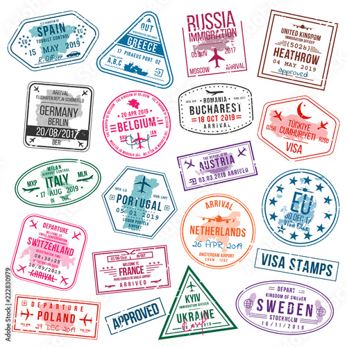 Set of visa stamps for passports. International and immigration office stamps. Arrival and departure visa stamps to Europe - Spain, Germany, Portugal, Turkey, Poland, Russia, United Kingdom etc.