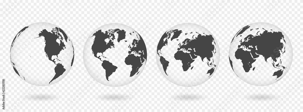 Obraz Zestaw przezroczystych kul ziemskich. Realistyczna mapa świata w kształcie kuli ziemskiej z przezroczystą teksturą i cieniem