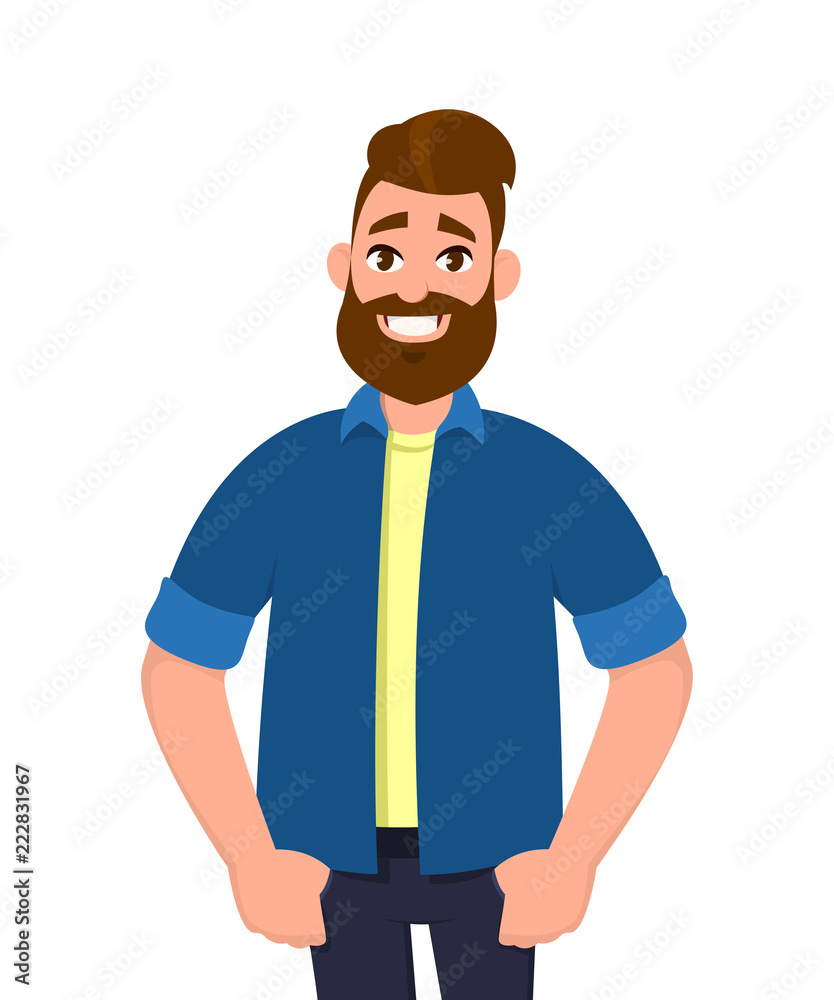 Handsome smart man posing with keeping hands in pockets and smiling. Emotion and body language concept in cartoon style vector illustration. Stock Vector | Adobe Stock Handsome smart man posing with keeping hands in pockets and smiling. Emotion and body language concept in cartoon style vector illustration. Stock Vector | Adobe Stock