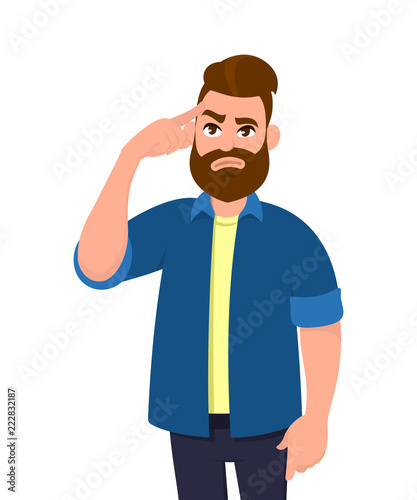 Young man touching his temples and remembering something. Man holding finger on head and feeling tired exhausted, chronic work stress, tries to remember important information. Concept illustration.