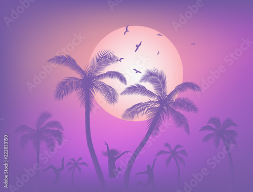 Palm trees sunset vector illustration  